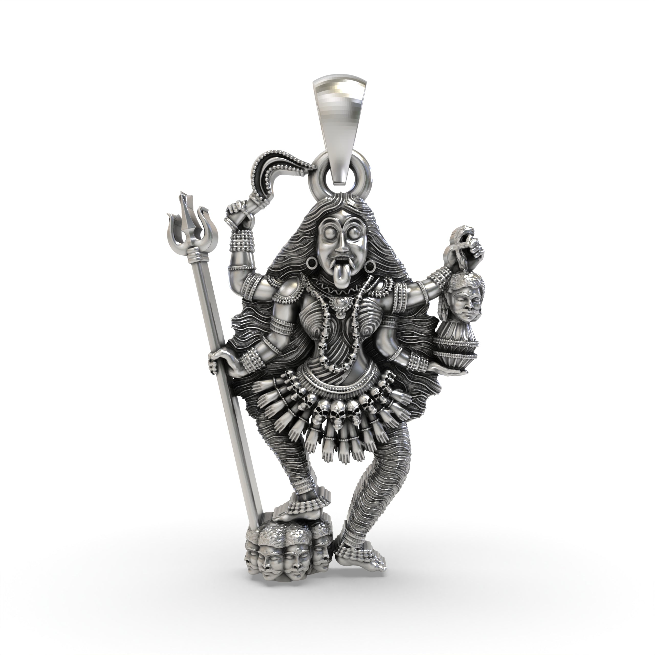Front view of the handcrafted 925 oxidised silver Kalimaa pendant, showing the fierce goddess in full detail.