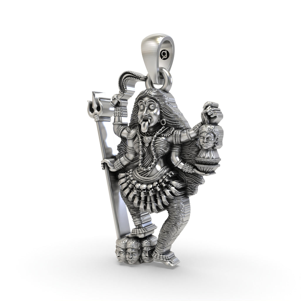 Angled view of the Goddess Kalimaa pendant in 925 sterling silver, highlighting its intricate oxidised finish.