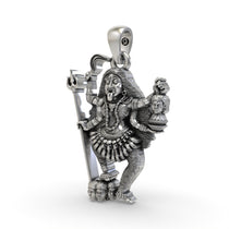 Angled view of the Goddess Kalimaa pendant in 925 sterling silver, highlighting its intricate oxidised finish.