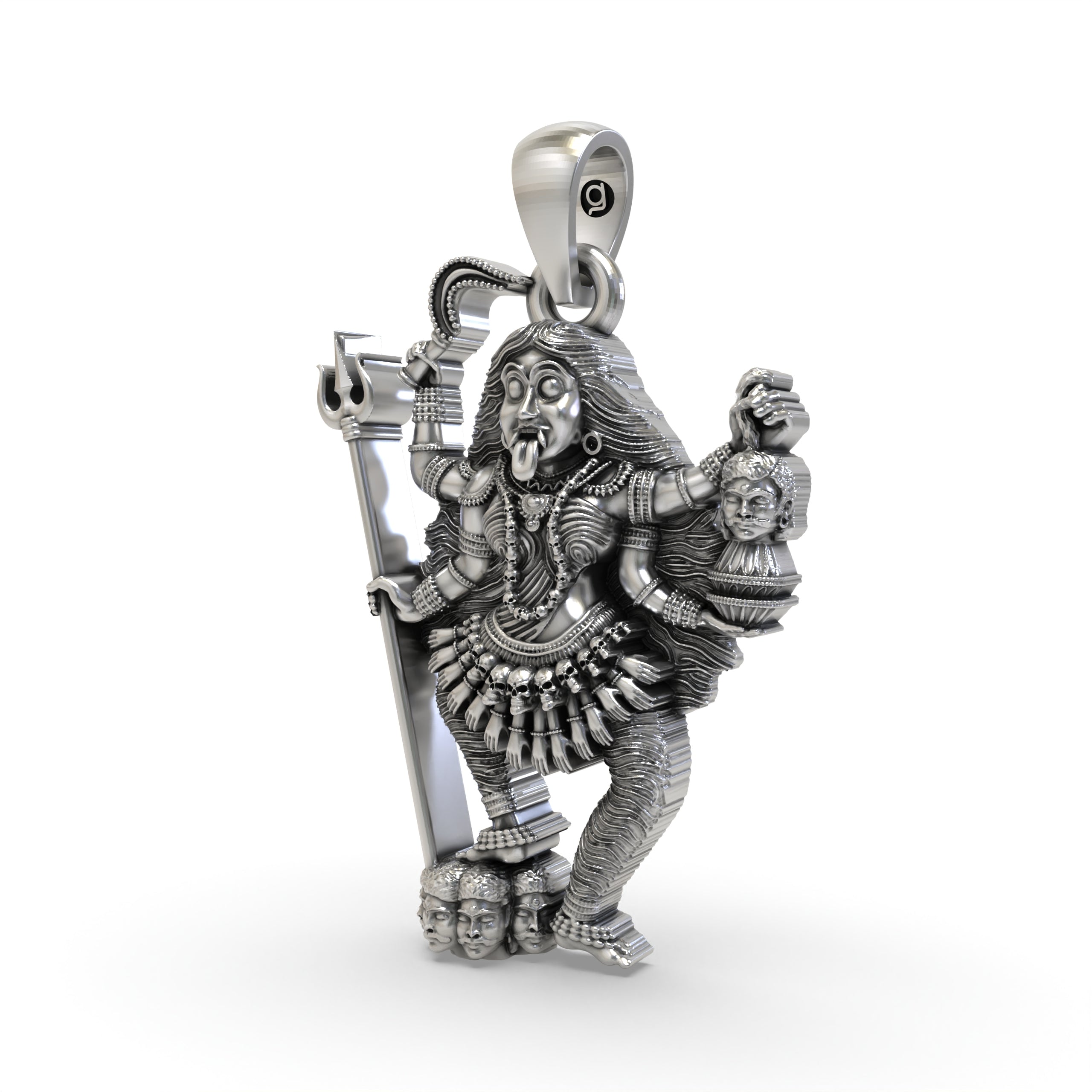 Angled view of the Goddess Kalimaa pendant in 925 sterling silver, highlighting its intricate oxidised finish.