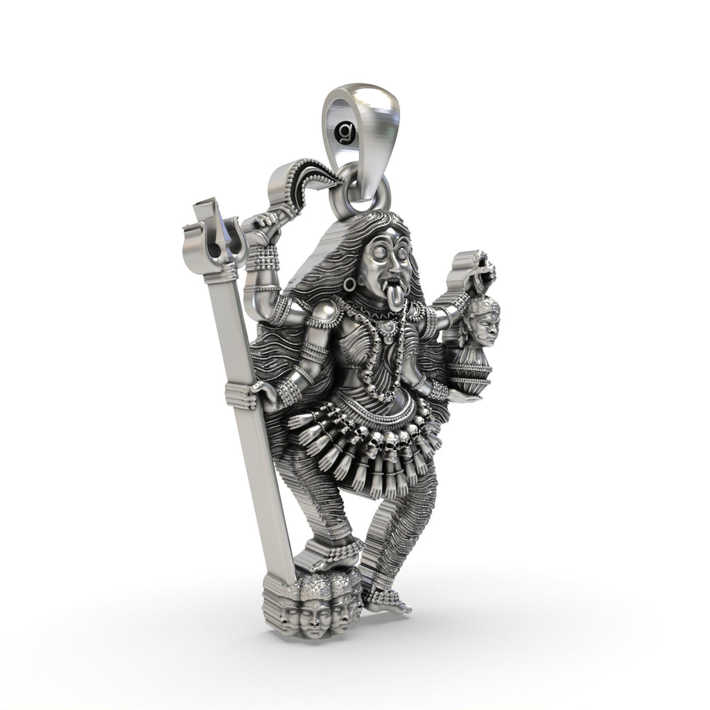 A close-up shot of the sterling silver Kalimaa pendant, focusing on the detailed craftsmanship of the deity.