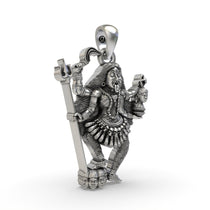 A close-up shot of the sterling silver Kalimaa pendant, focusing on the detailed craftsmanship of the deity.