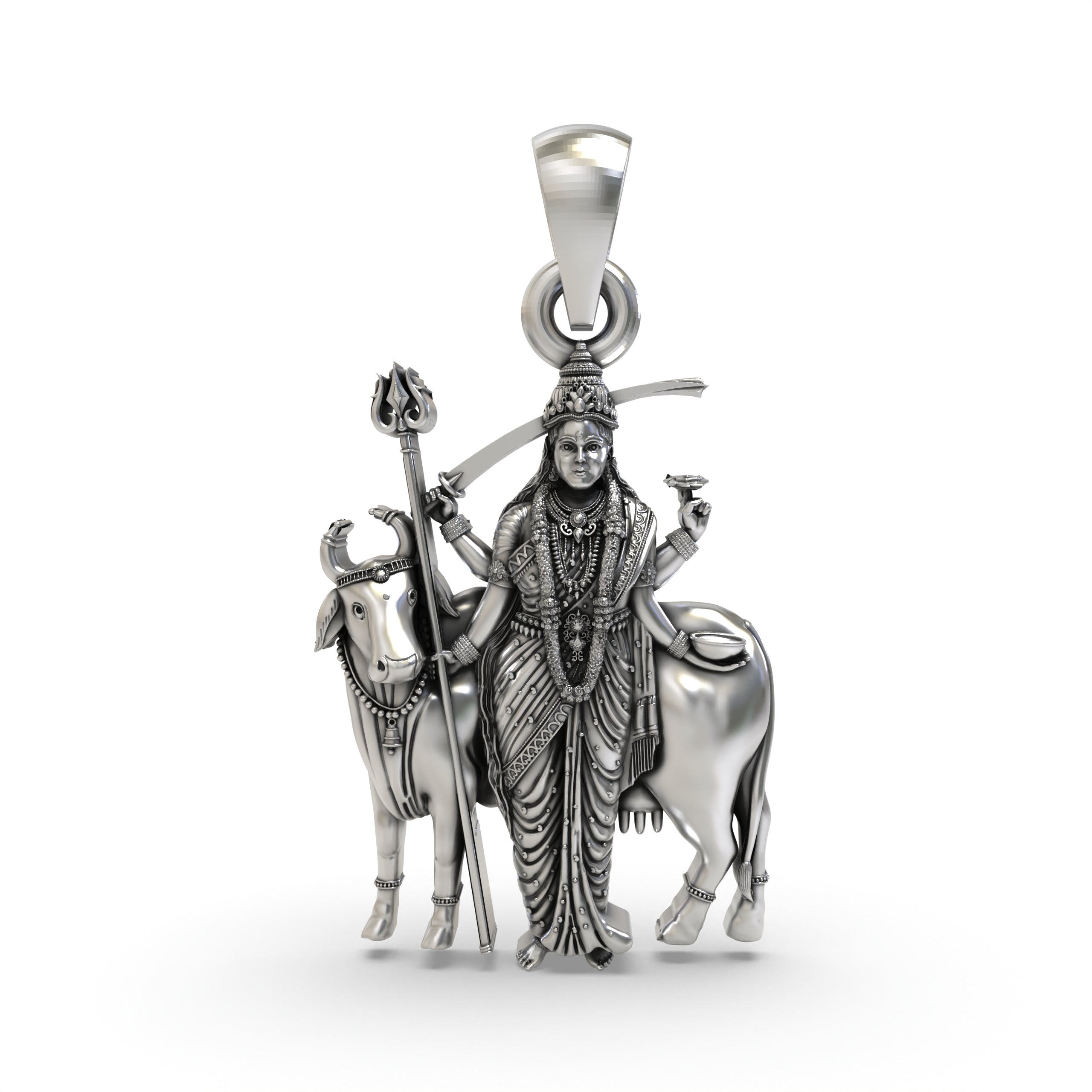Front view of the handcrafted 925 sterling silver Gatral Maa pendant with a detailed oxidised finish.