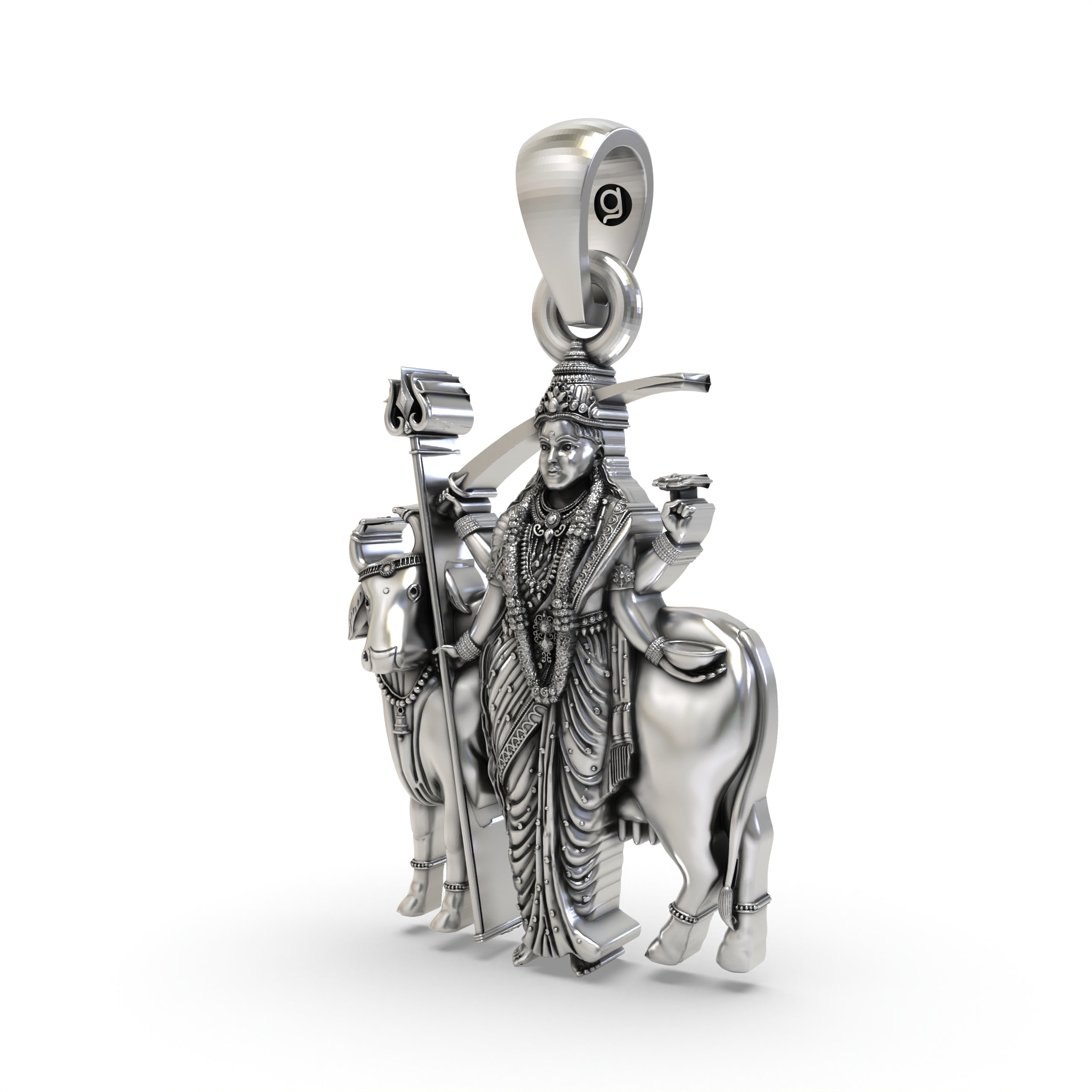 Close-up detail of the antique oxidised finish on the 925 silver Gatral Maa pendant for protection.