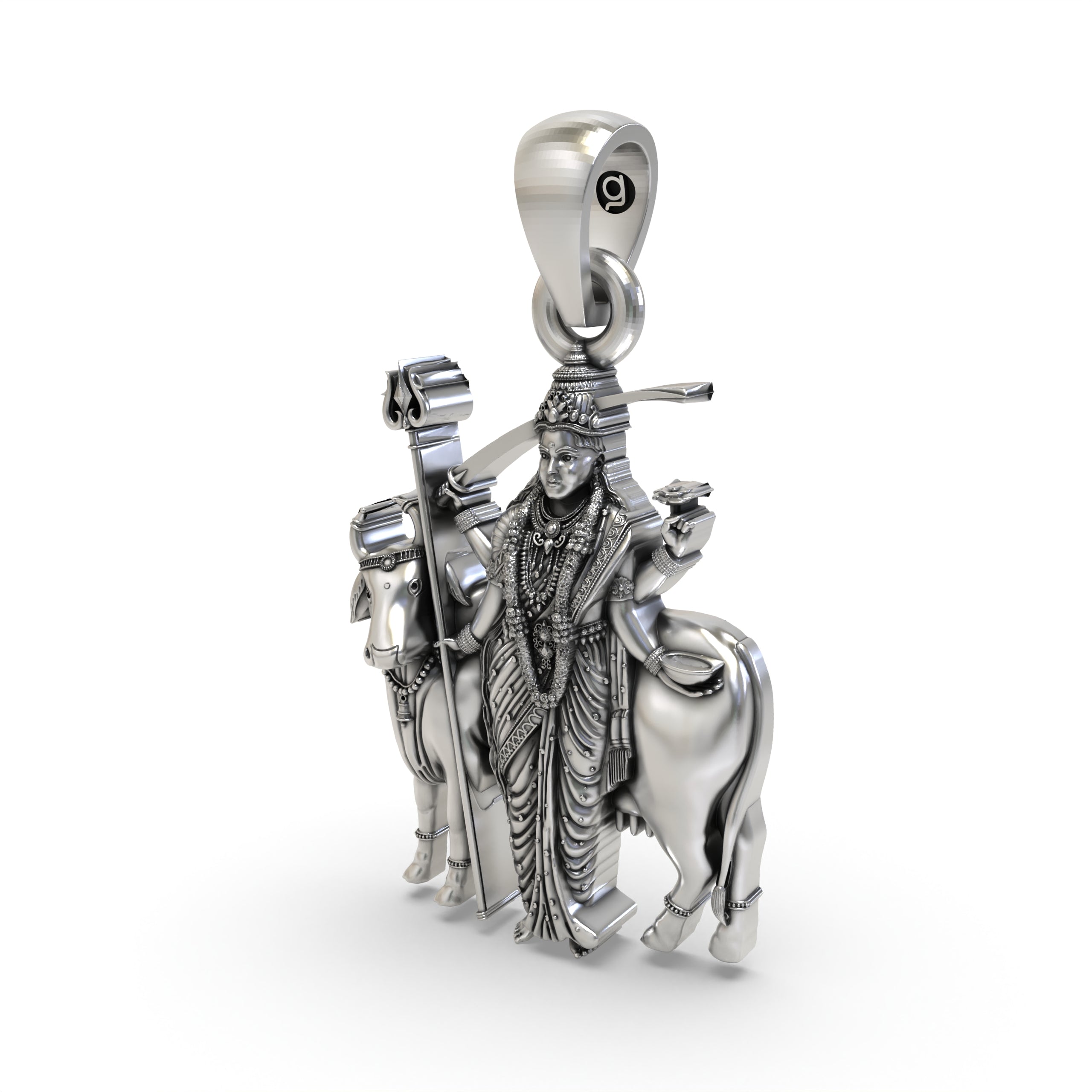 Angled shot of the oxidised silver Gatral Maa devi pendant, showing its sacred and intricate design.