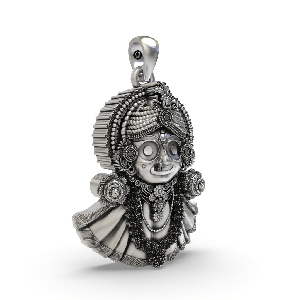 Close-up detail of the oxidized 925 Silver Jagannath Pendant, focusing on the symbolic features of the deity.