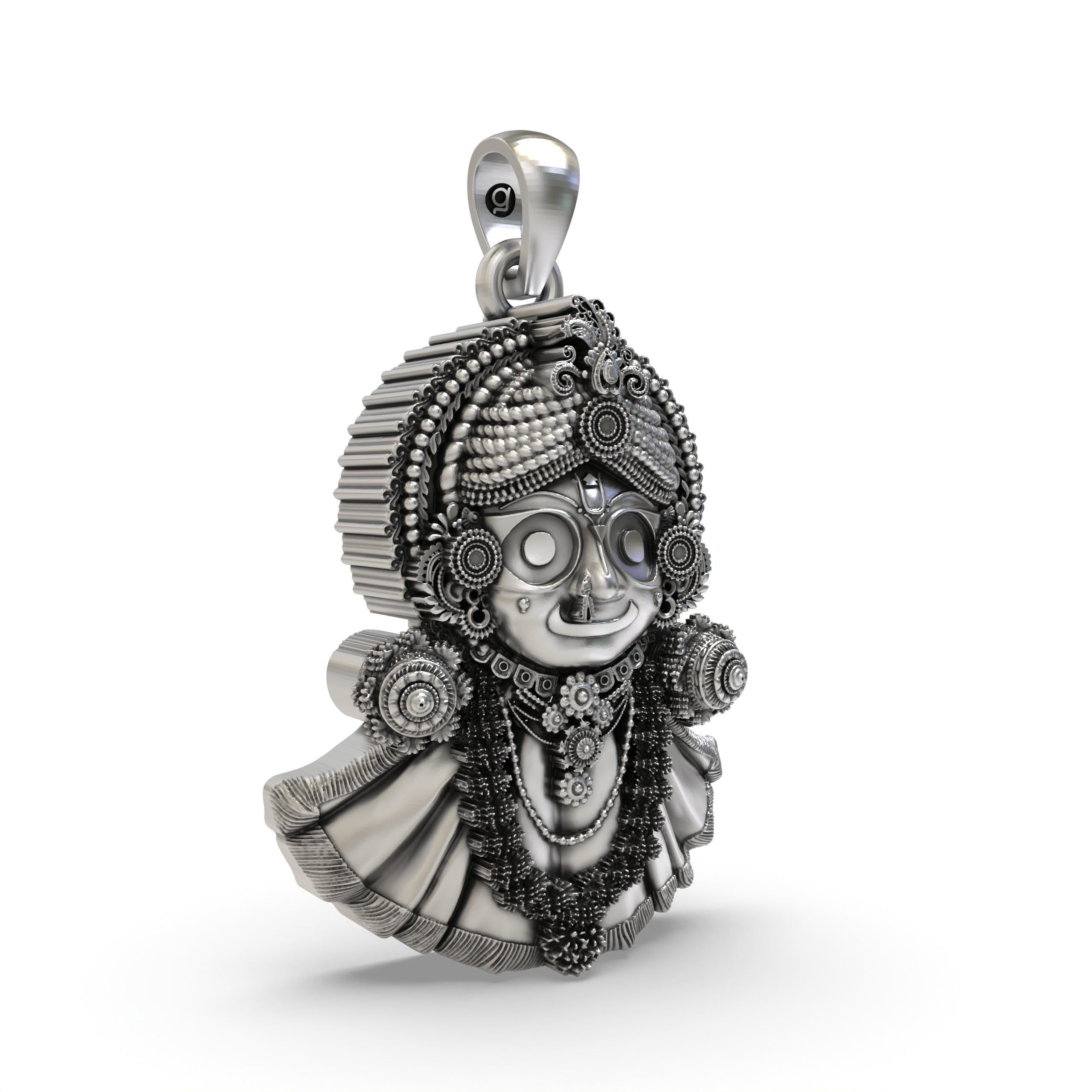 Close-up detail of the oxidized 925 Silver Jagannath Pendant, focusing on the symbolic features of the deity.