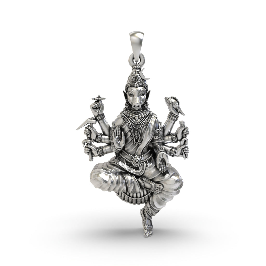 Front view of the 925 silver Varahi Devi pendant showing the goddess's detailed features and oxidized finish.