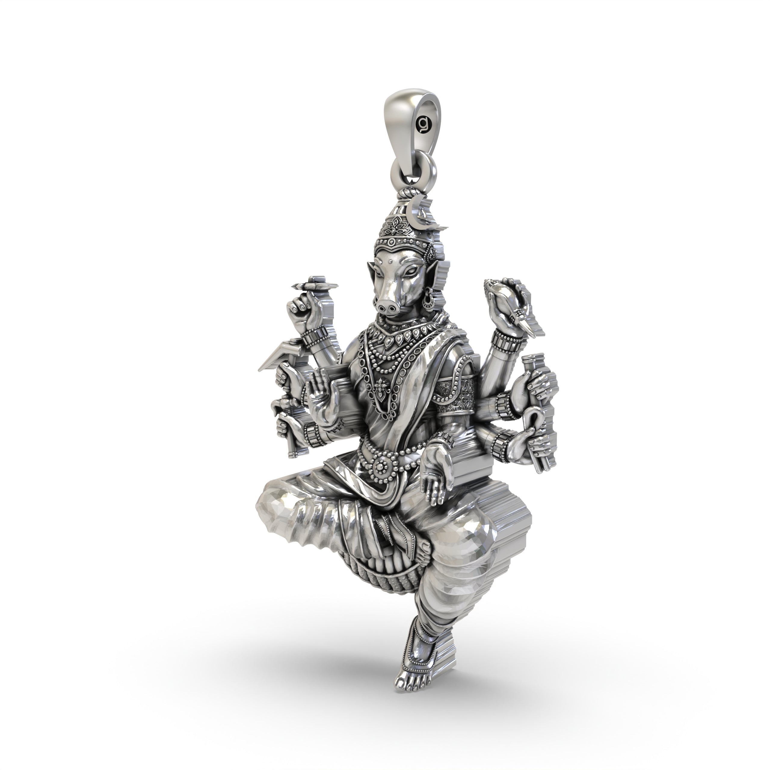 Angled side view of the 925 sterling silver Varahi Devi pendant, highlighting its 1.5-inch size and antique look.