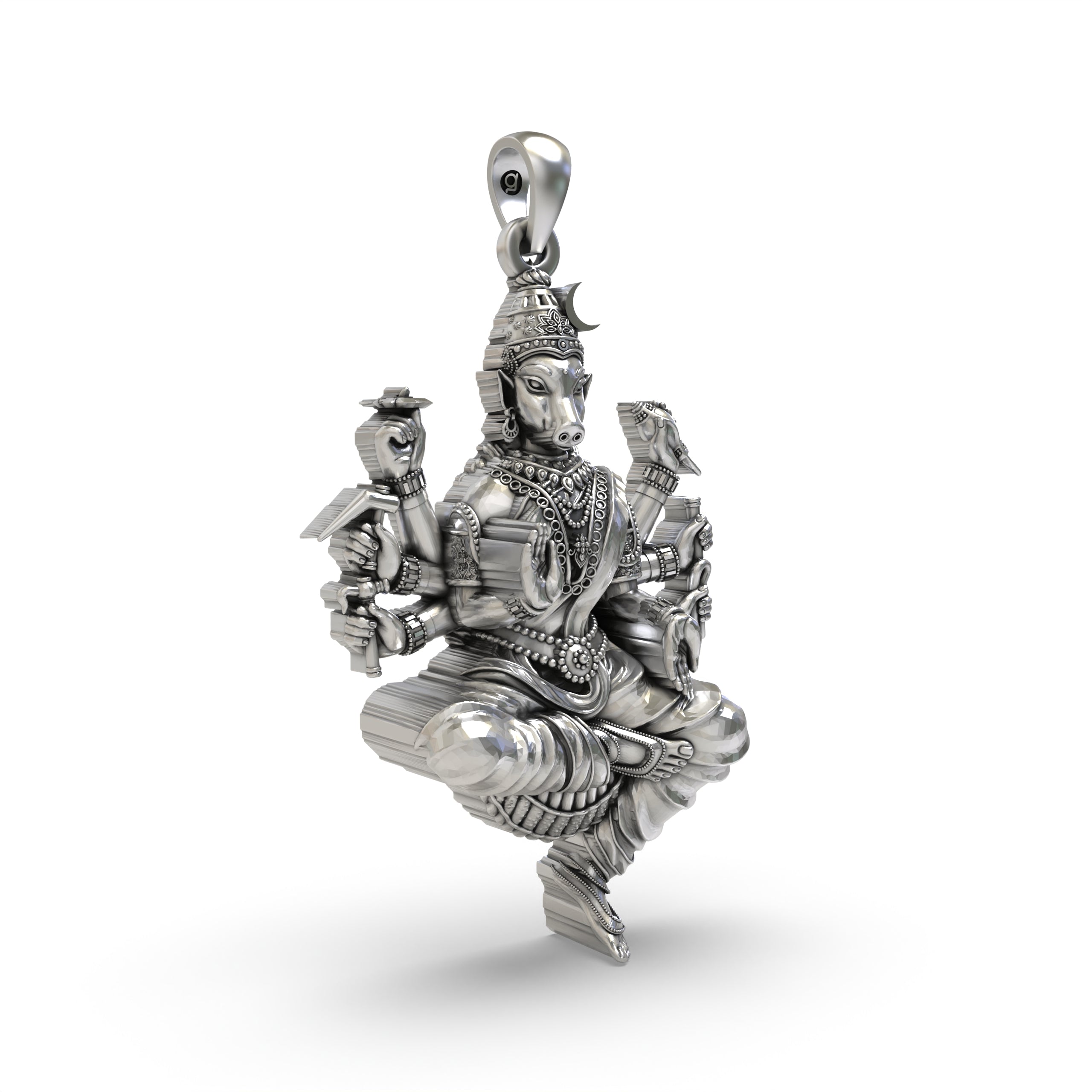 Close-up detail of the handcrafted 925 silver Varahi Devi pendant, showcasing the intricate metalwork and design.