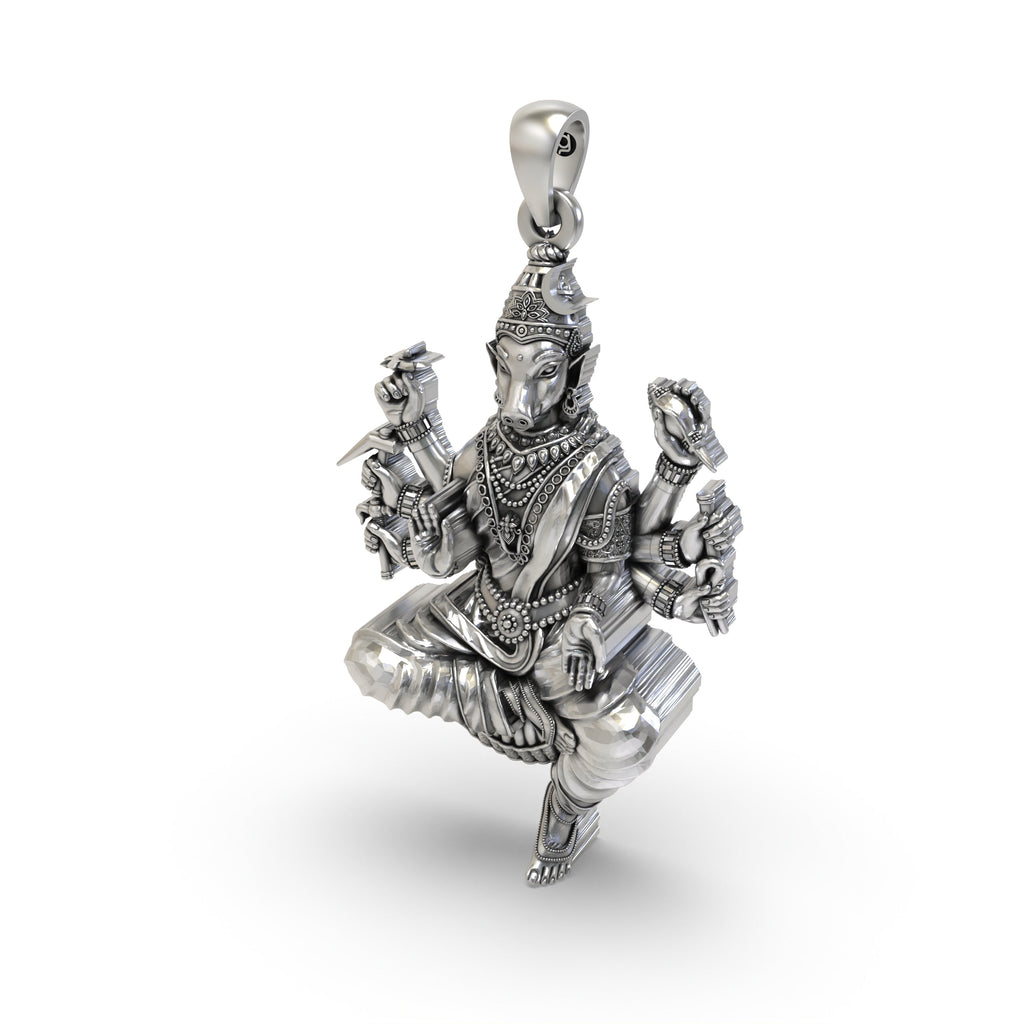 The 925 silver Varahi Devi protection pendant held in hand to show its scale, texture, and beautiful craftsmanship.