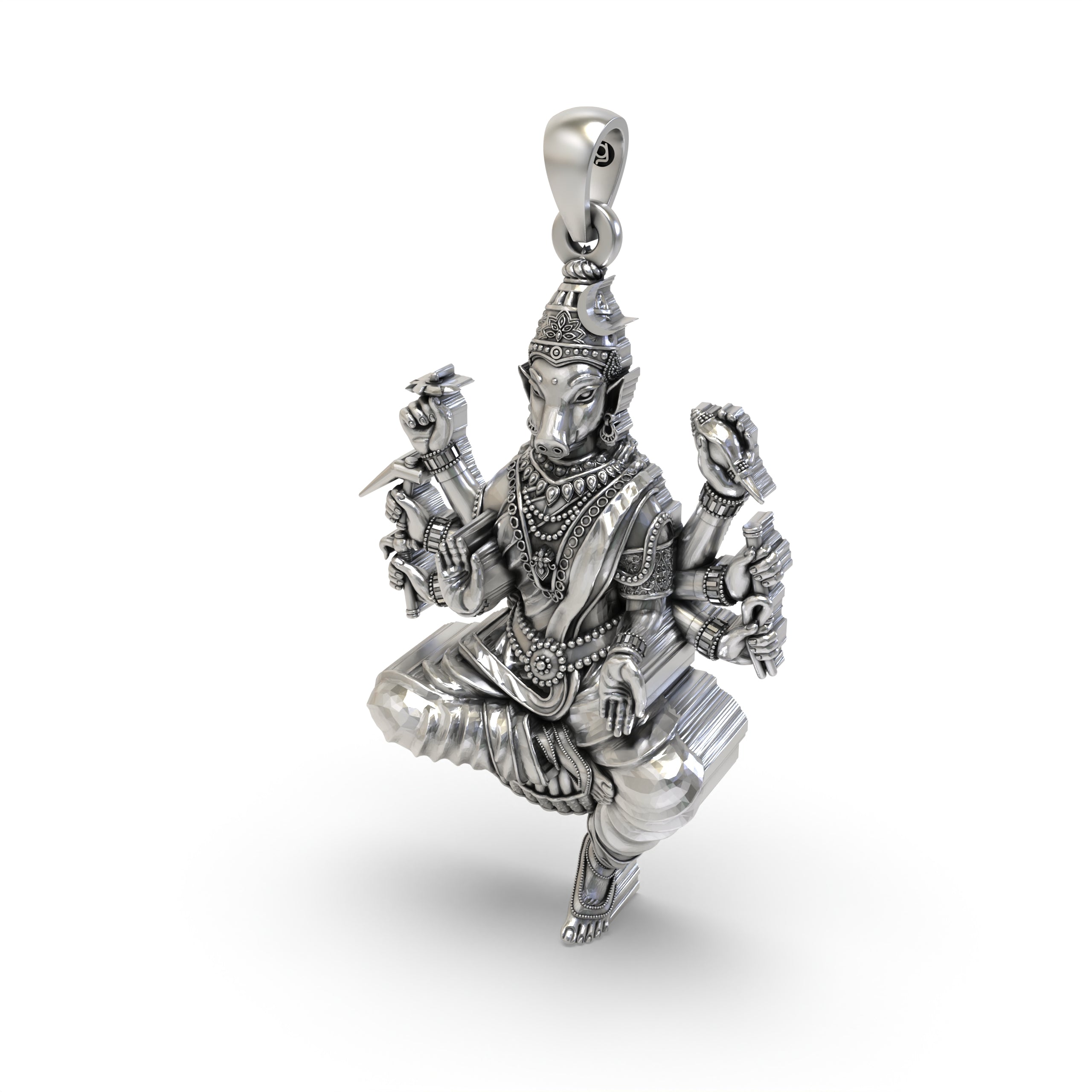 The 925 silver Varahi Devi protection pendant held in hand to show its scale, texture, and beautiful craftsmanship.