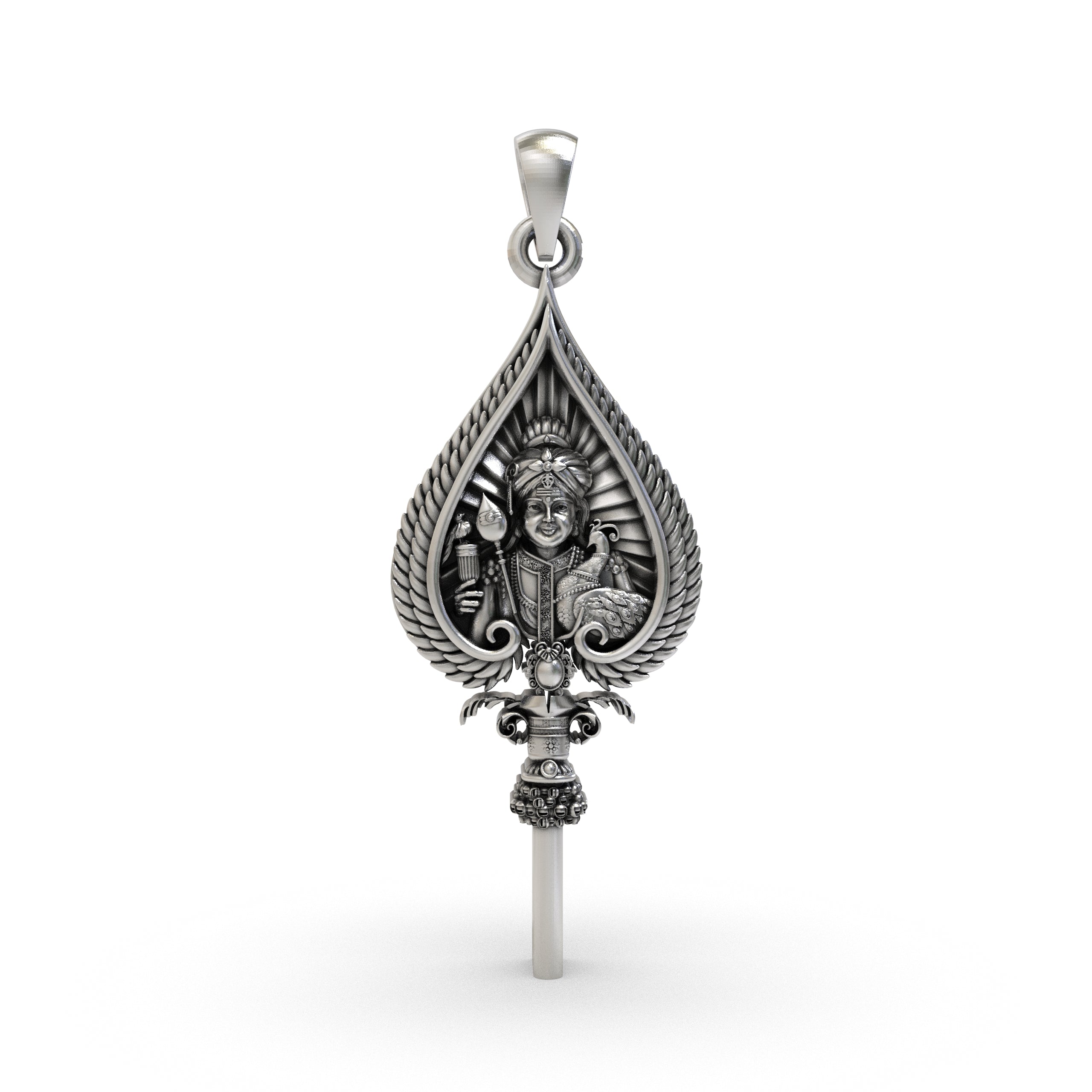 Front view of the 925 sterling silver Vel pendant featuring Lord Murugan's face with a detailed oxidized finish. Main image