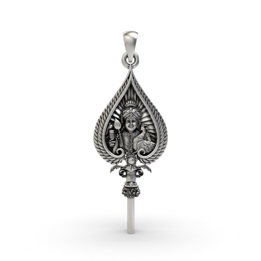 Front view of the 925 sterling silver Vel pendant featuring Lord Murugan's face with a detailed oxidized finish.