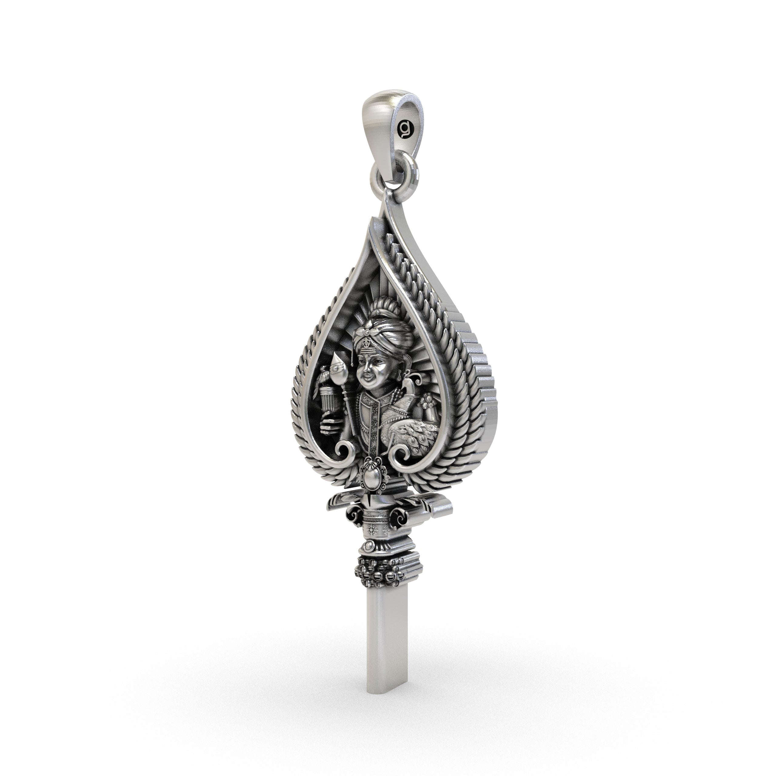 A close-up detail shot of the Murugan face on the 925 silver Vel spear amulet, highlighting the antique texture.