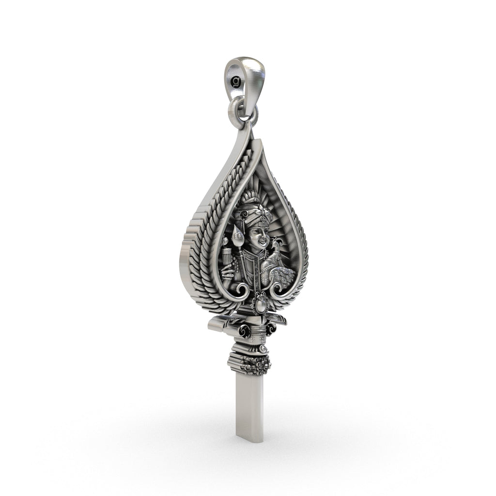 Side profile of the 925 silver Kartikeya Vel pendant showing its dimensions and lightweight hollow back design.