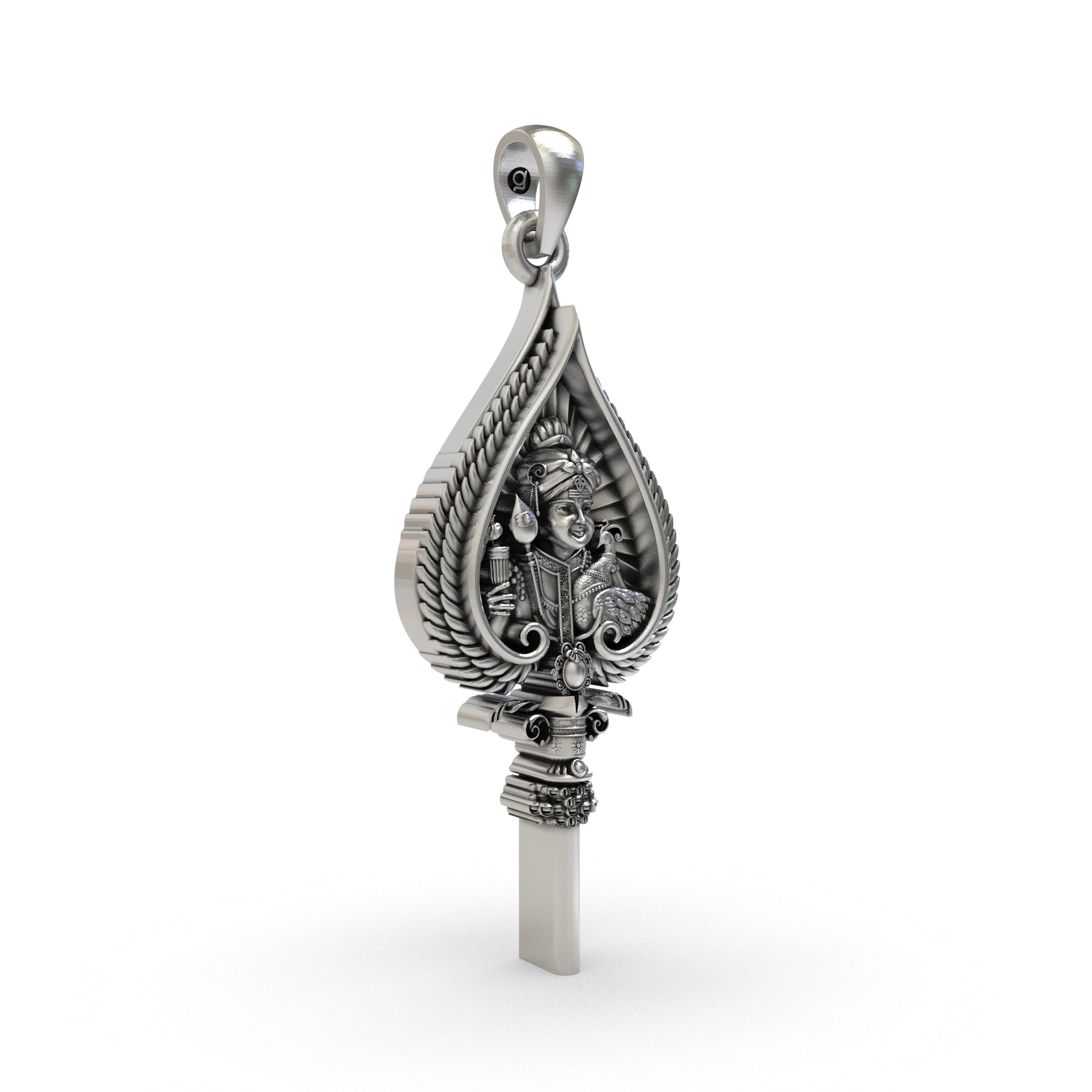 Side profile of the 925 silver Kartikeya Vel pendant showing its dimensions and lightweight hollow back design.