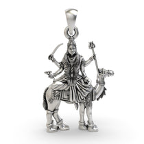 Front view of the handcrafted Momai Maa pendant in 925 oxidized sterling silver, showing intricate details of the goddess.