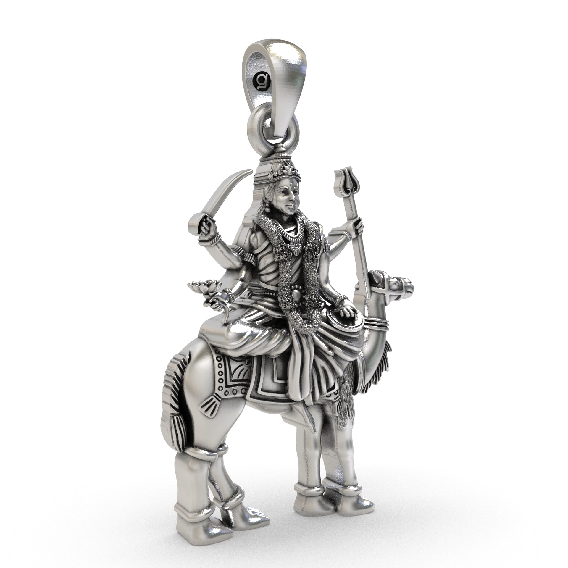 Close-up detail of the Momai Maa pendant, showcasing the serene facial expression carved in oxidized 925 sterling silver.