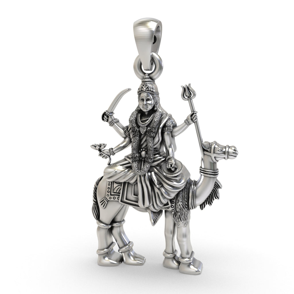 The Momai Maa pendant in 925 sterling silver showing its scale and the lightweight hollow back design for comfortable wear.