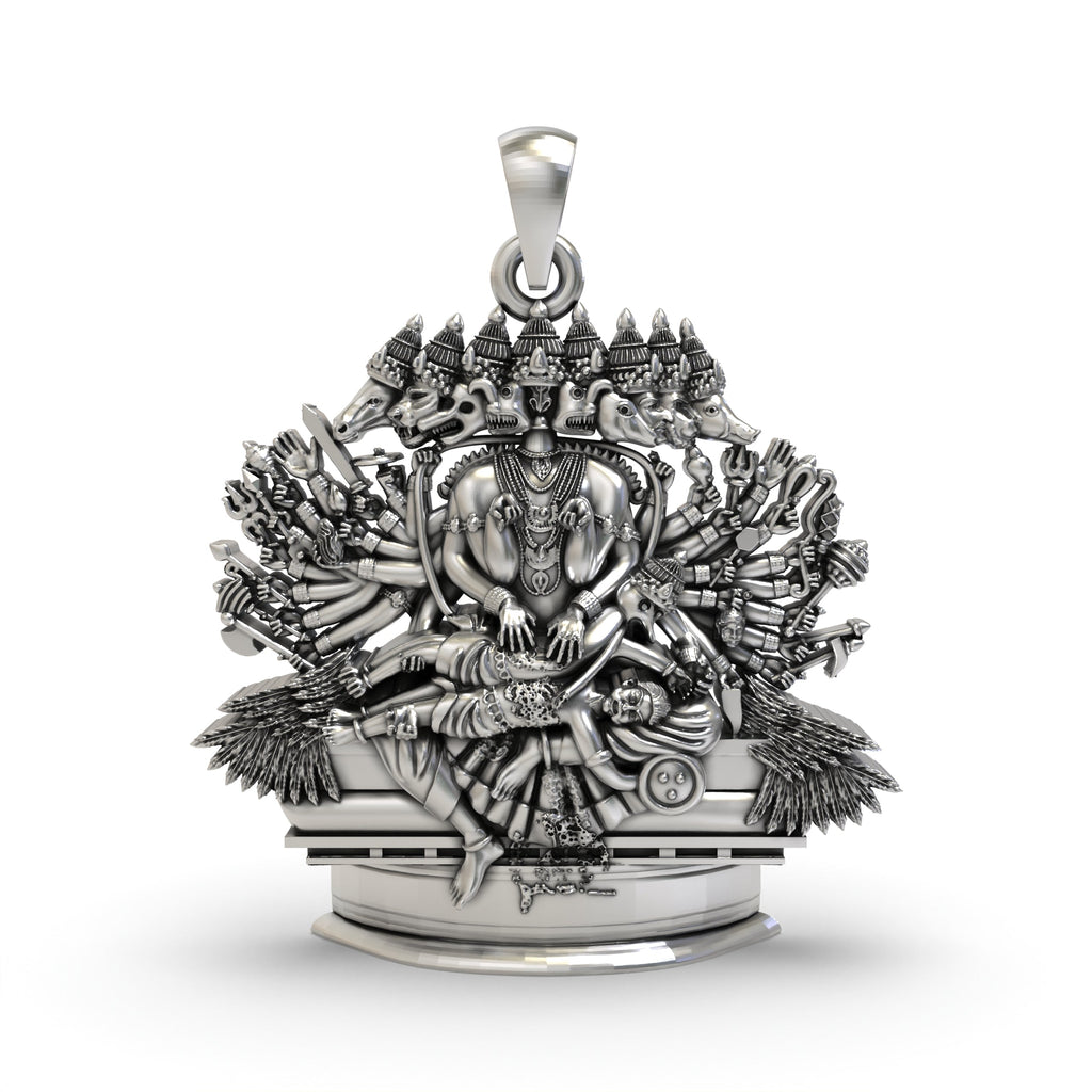 Detailed front view of the 925 silver Ashta Mukha Ganda Bherunda Narasimha pendant with its oxidized finish.