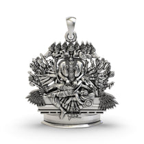 Detailed front view of the 925 silver Ashta Mukha Ganda Bherunda Narasimha pendant with its oxidized finish.