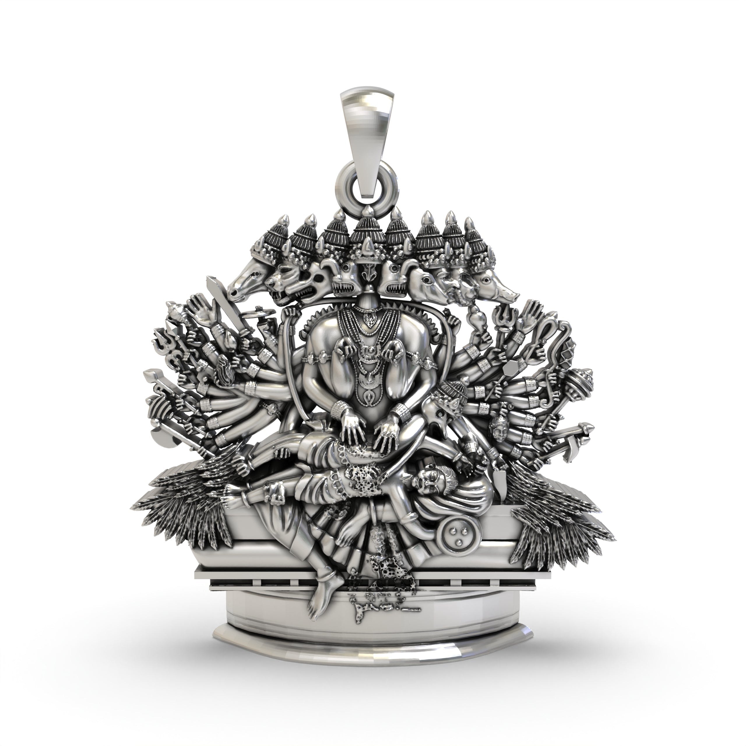 Detailed front view of the 925 silver Ashta Mukha Ganda Bherunda Narasimha pendant with its oxidized finish.