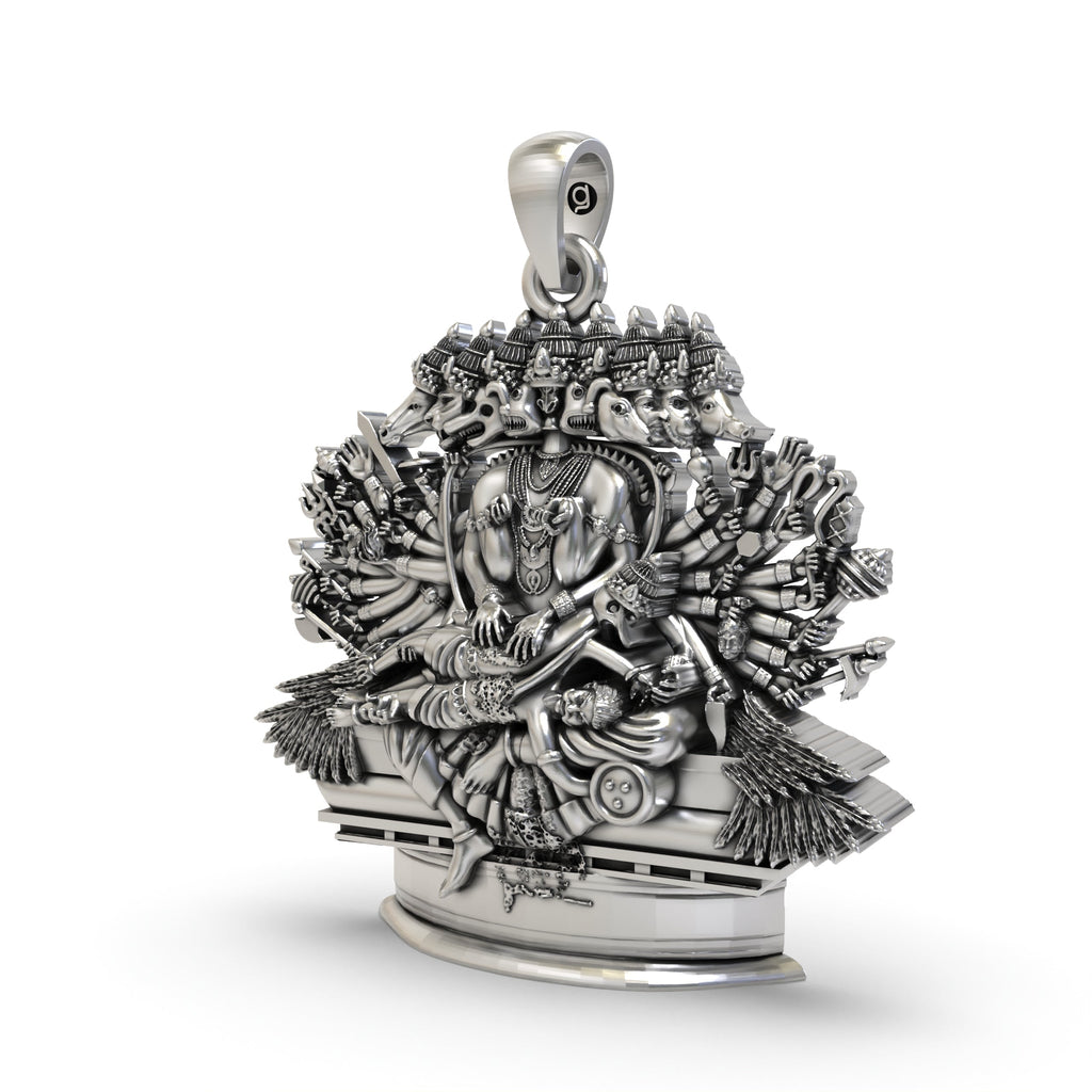An angled side profile of the rare Ganda Bherunda Narasimha pendant, highlighting the intricate silver craftsmanship.