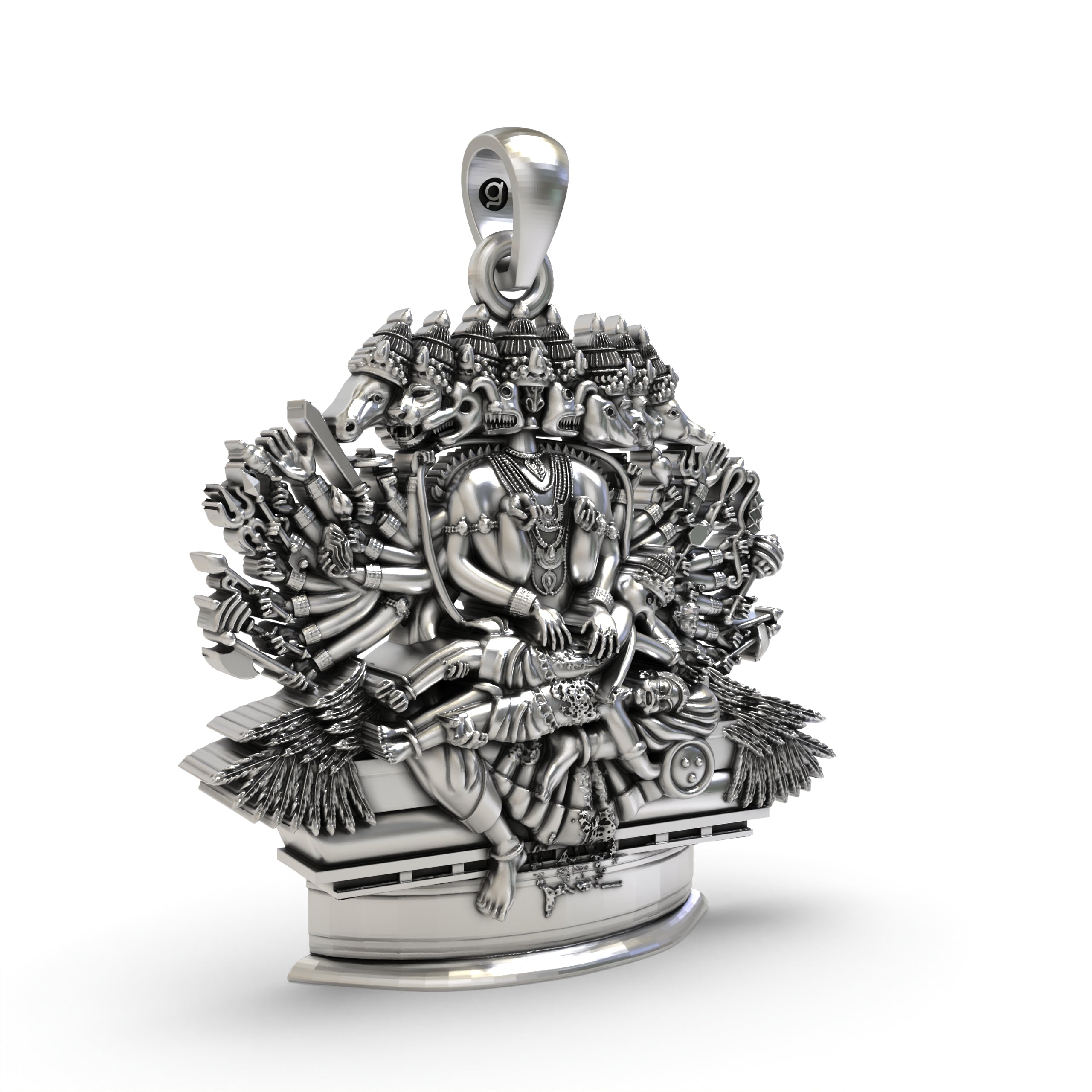 Close-up of the eight faces on the Ashta Mukha Ganda Bherunda pendant, showcasing the dark, antique oxidized details.