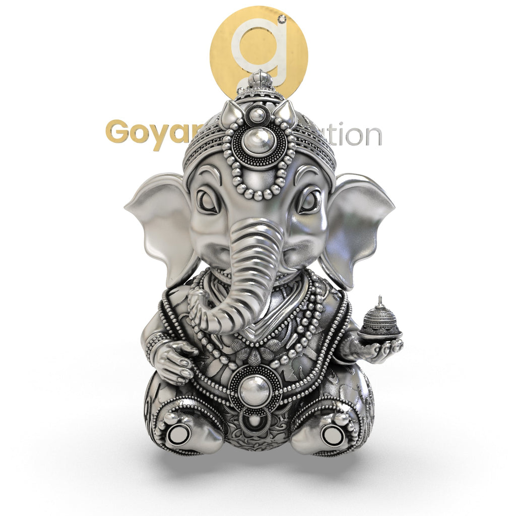 Side profile of the 925 Silver Ganesha 3D Idol, highlighting its three-dimensional form and sterling silver sheen.