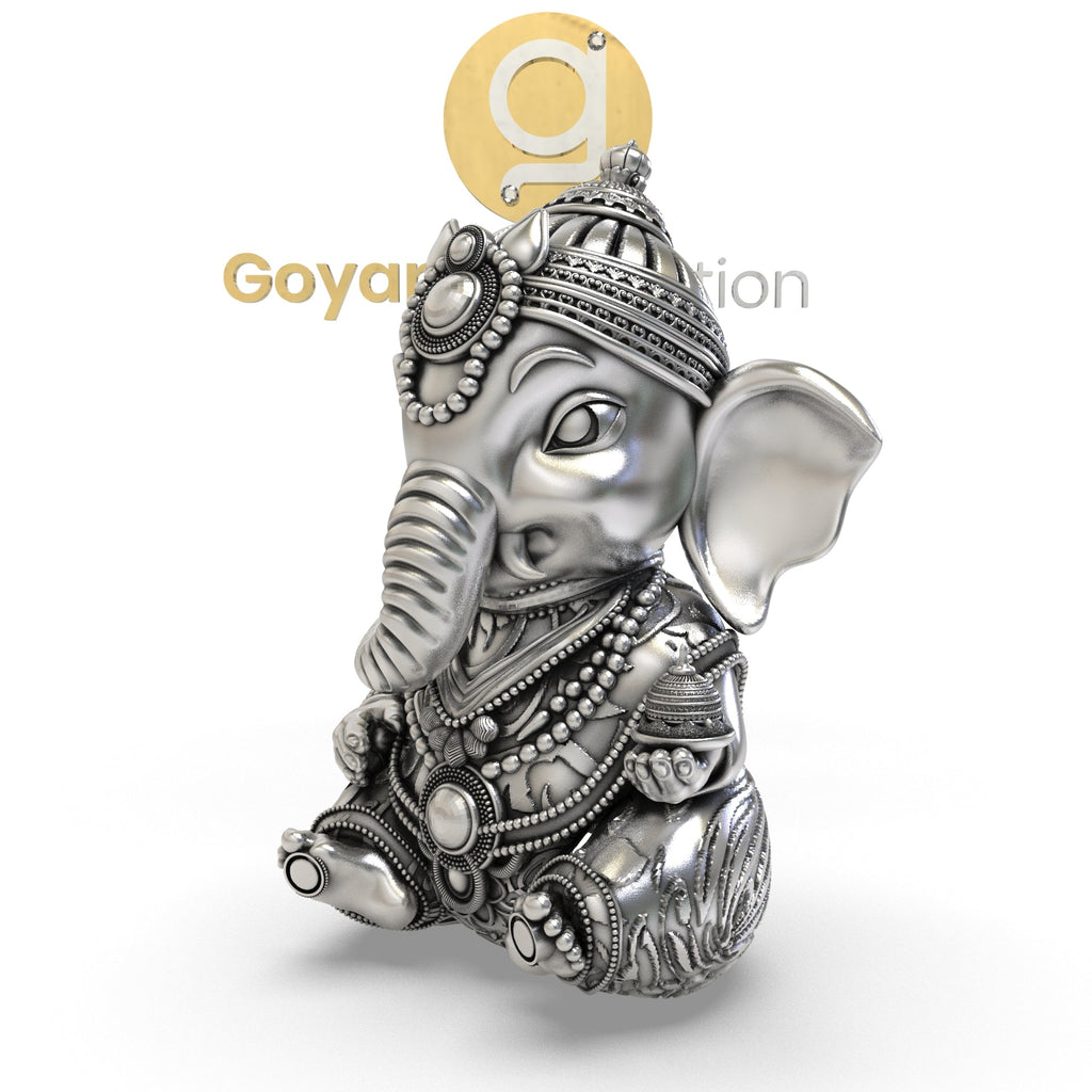 Close-up detail of the Alankar 925 Silver Ganesha 3D Idol, focusing on the expressive face and ornate trunk.