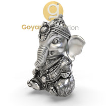 Close-up detail of the Alankar 925 Silver Ganesha 3D Idol, focusing on the expressive face and ornate trunk.