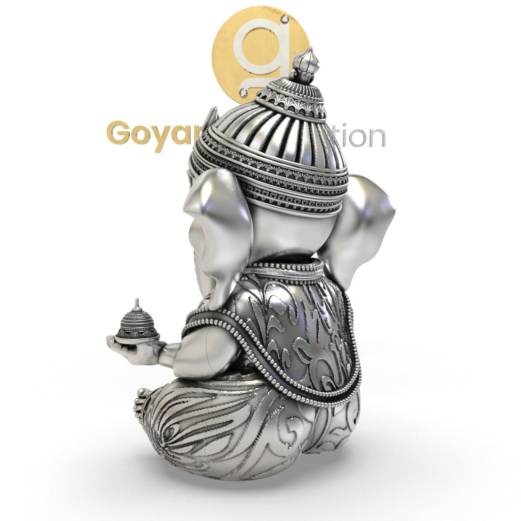 Back view of the solid 925 Silver Ganesha 3D Idol, displaying the complete and detailed sculpting of the figurine.