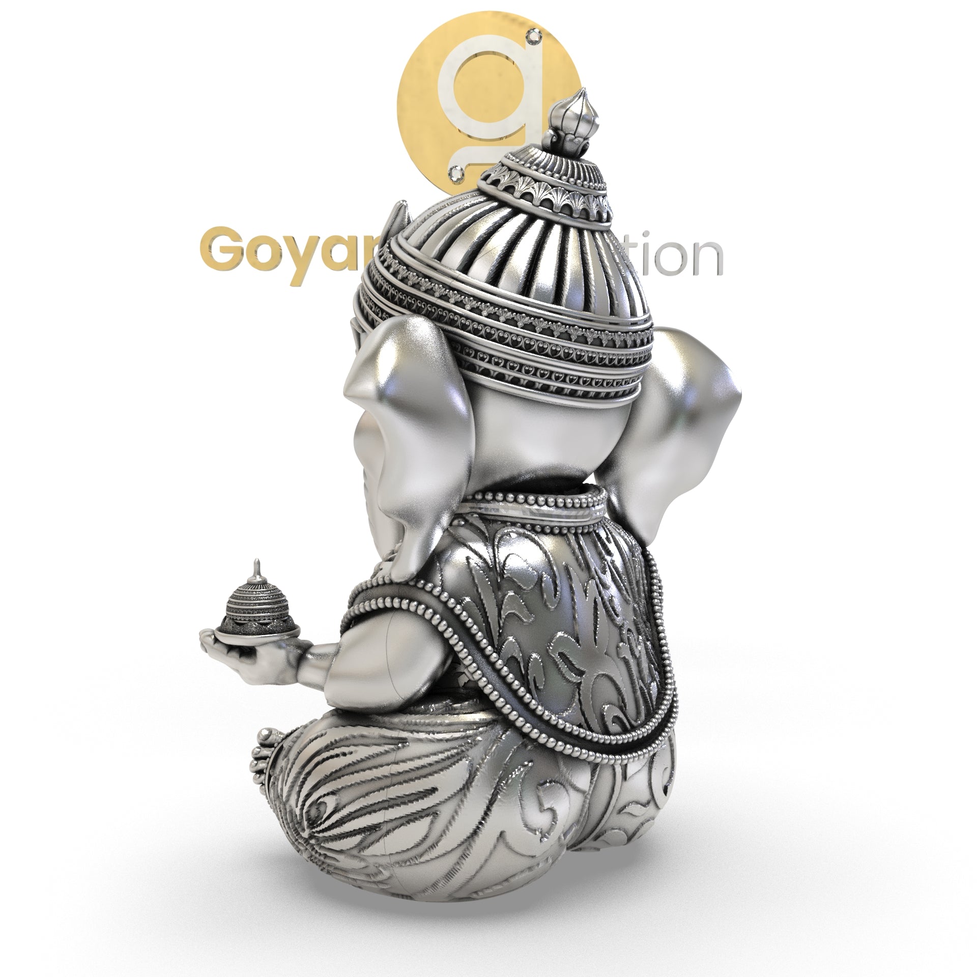 Back view of the solid 925 Silver Ganesha 3D Idol, displaying the complete and detailed sculpting of the figurine.