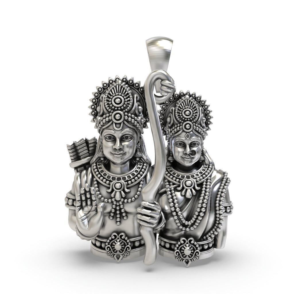 Front view of the detailed Ram Sita Pendant in 925 sterling silver, showcasing the divine couple's figures.