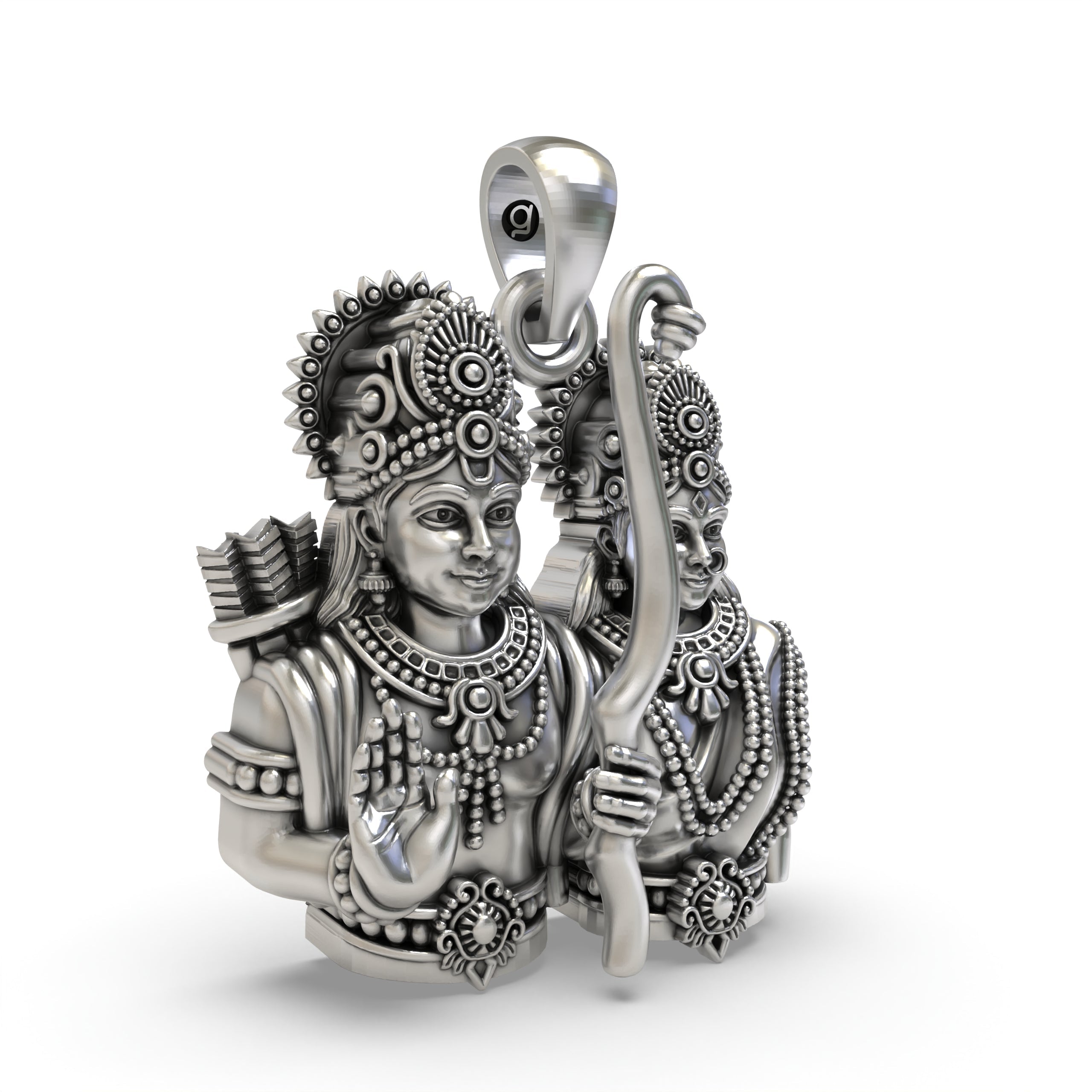 Angled side view of the 925 sterling silver Ram Sita pendant, showing its depth and antique oxidized finish.