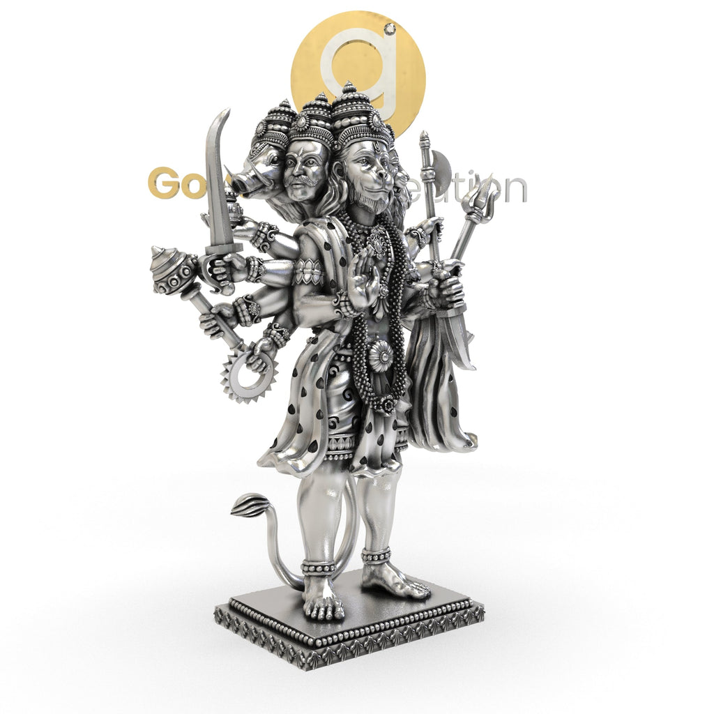 The 1.5-inch 925 Silver Panchmukhi Hanumanji 3D Idol held in hand to show its scale and delicate silver work.