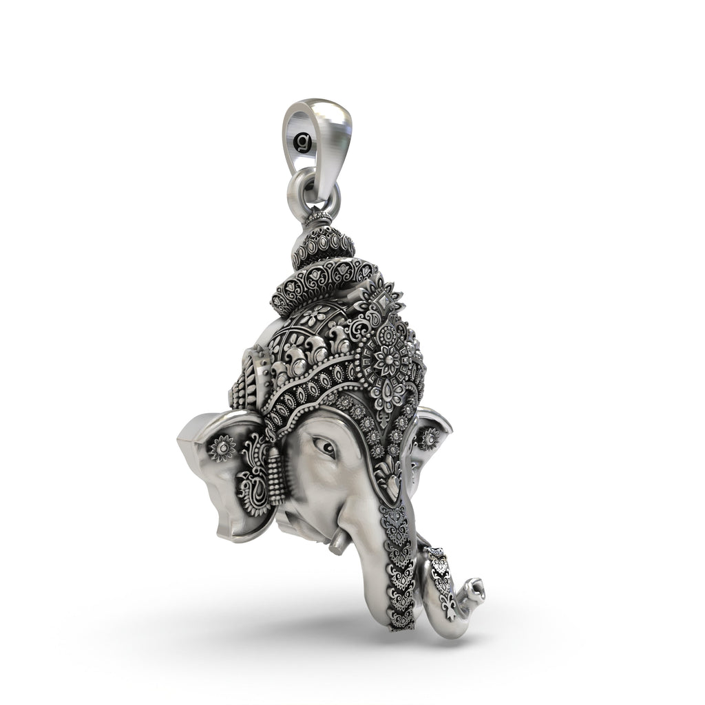 Side profile of the oxidized 925 Silver Ganpati Face Pendant, showing its depth and the hollow back design for comfort.