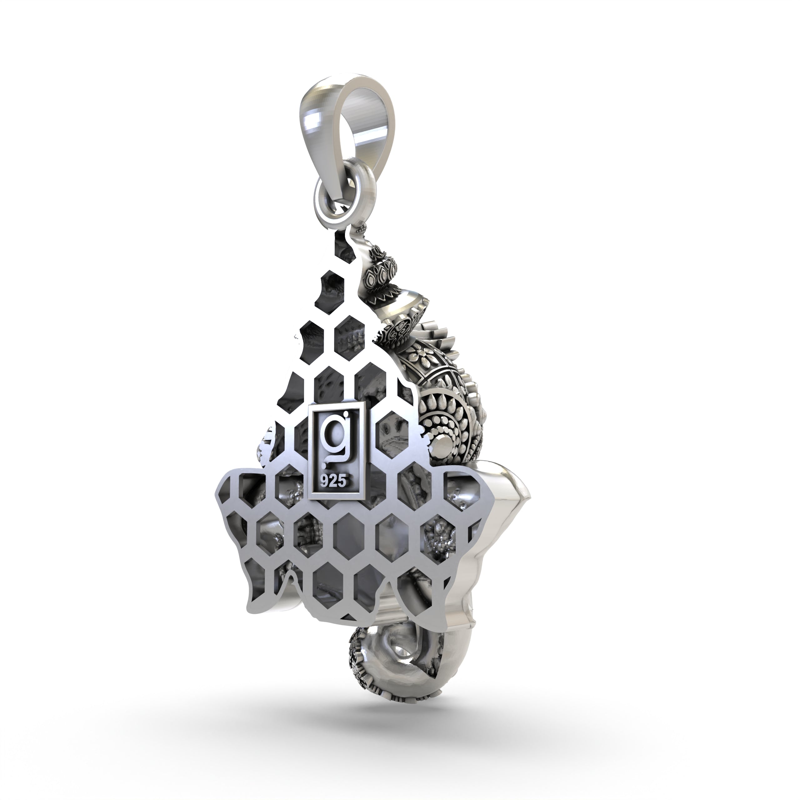 Close-up detail of the 925 Silver Ganpati Face Pendant, focusing on the fine lines and divine expression of Lord Ganesha.