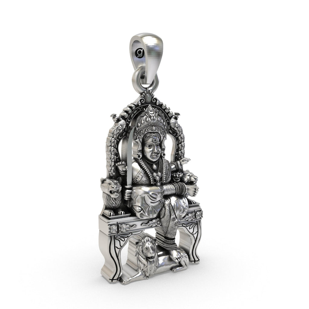 Angled view of the handcrafted But Bhavani Maa silver pendant, highlighting its detailed craftsmanship and antique finish.