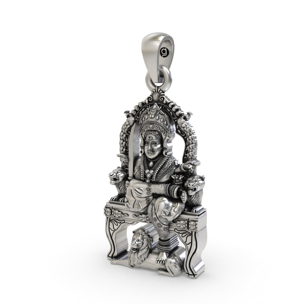 Close-up detail of the sterling silver But Bhavani Maa pendant, showcasing the intricate face and symbolic attributes.