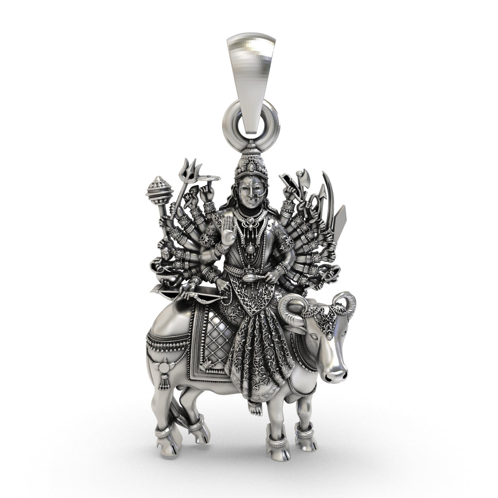 Front view of the intricately detailed Vihat Maa pendant, handcrafted from 925 sterling silver with an oxidized finish.
