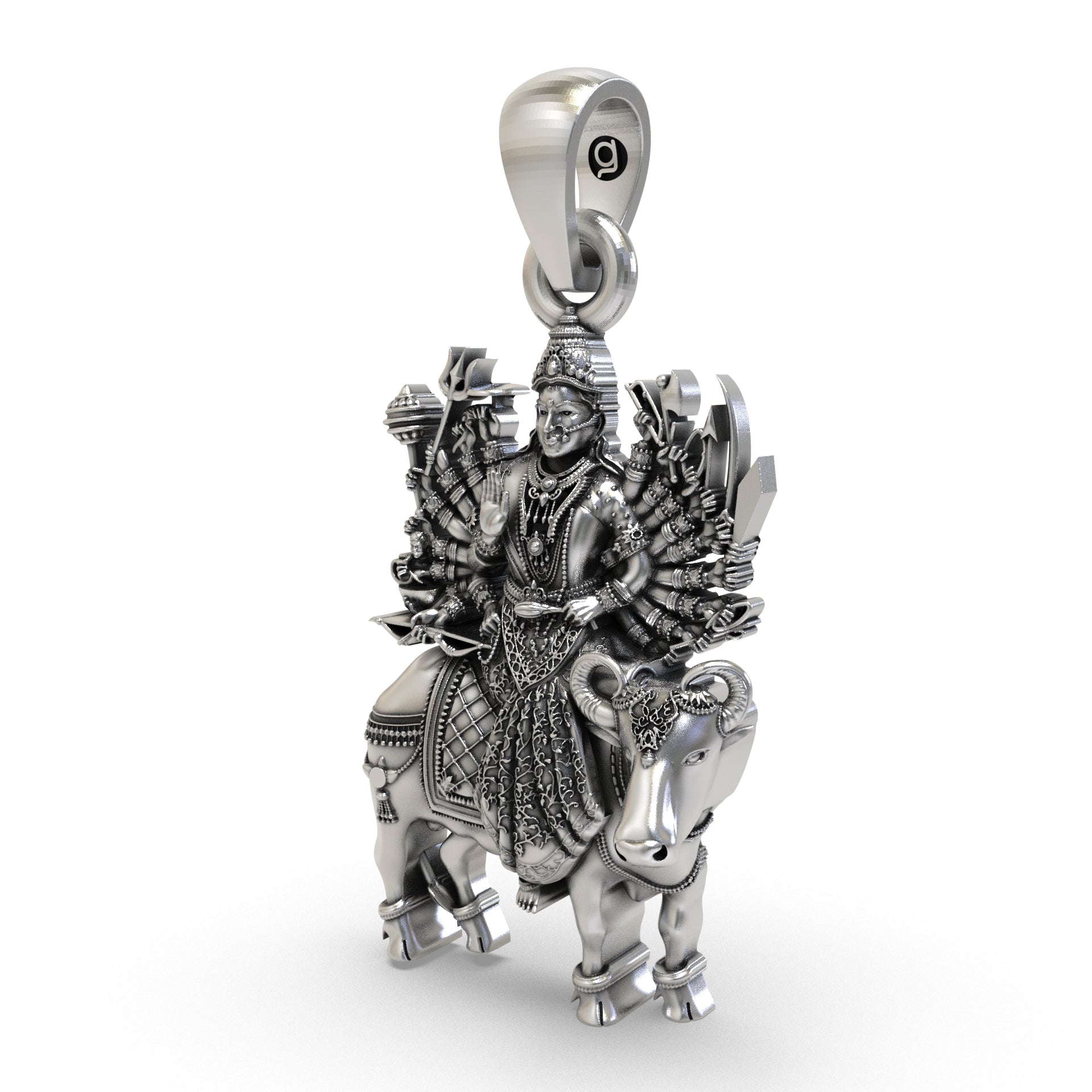 An angled side profile of the 925 sterling silver Vihat Maa god pendant, showcasing its fine craftsmanship.