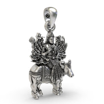 Close-up detail of the powerful stance of the deity on the Vihat Maa 925 sterling silver oxidized pendant.