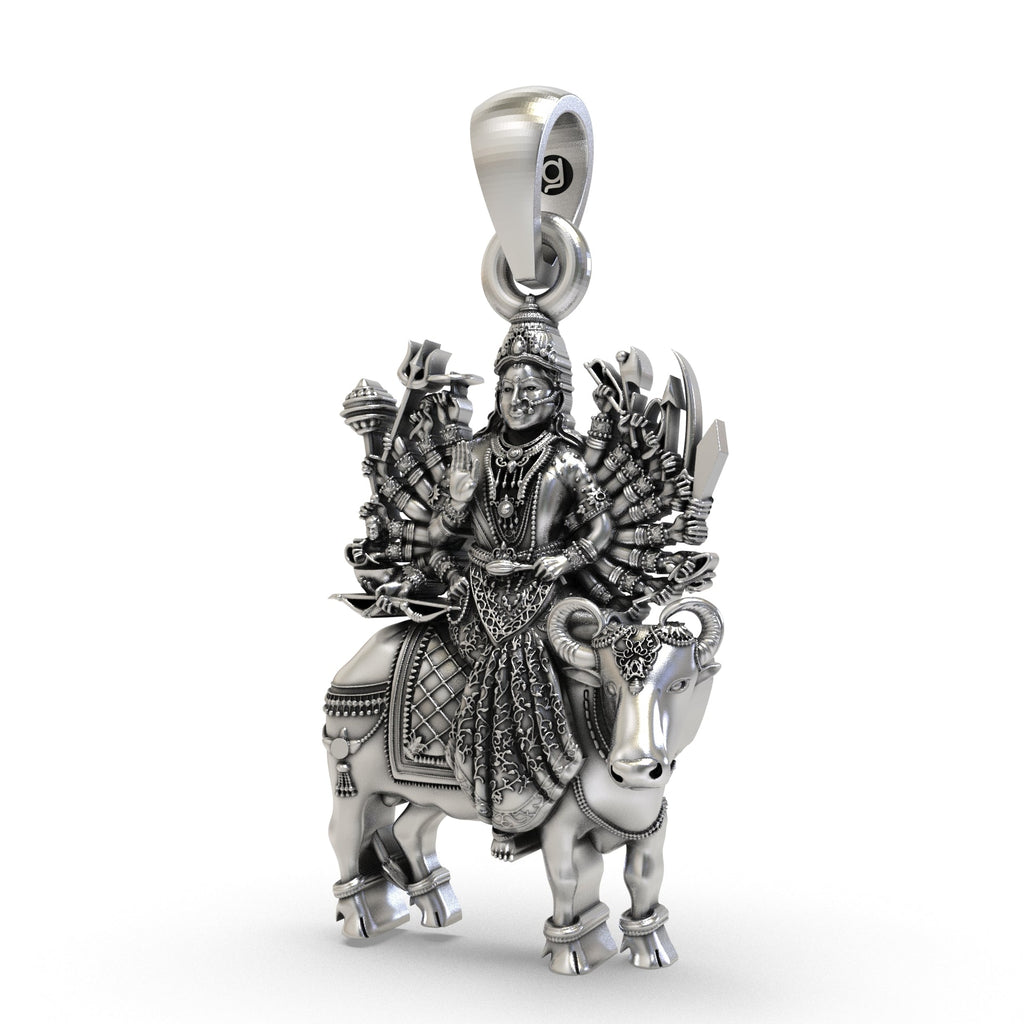 The 1.25-inch 925 sterling silver Vihat Maa pendant shown from a top-down perspective to highlight its antique look.