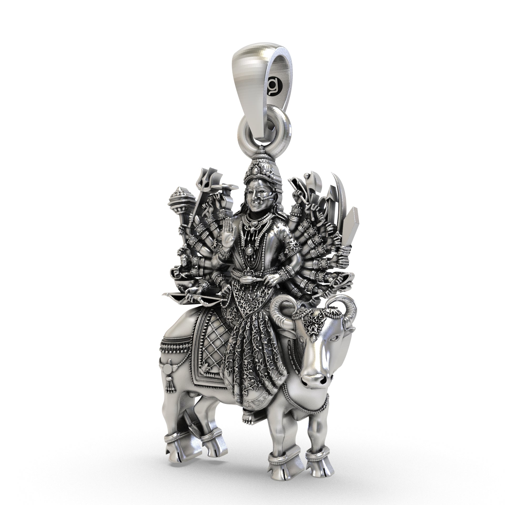 The 1.25-inch 925 sterling silver Vihat Maa pendant shown from a top-down perspective to highlight its antique look.