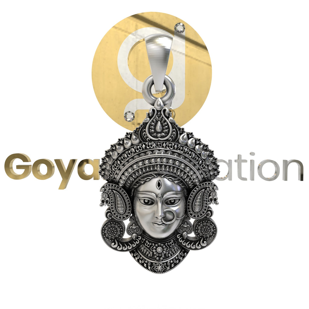 A detailed front view of the 925 Sterling Silver Durga Maa Face Pendant showing the intricate oxidized craftsmanship.
