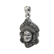 Angled profile view of the oxidized Durga Maa Face Pendant showing the crown details and 925 sterling silver finish.