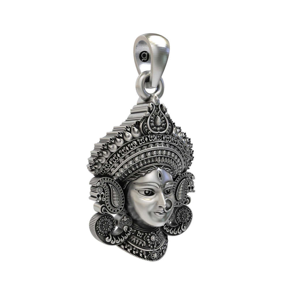 Close-up detail of the antique finish on the 925 Sterling Silver Durga Maa Face Pendant, showcasing its handcrafted texture.