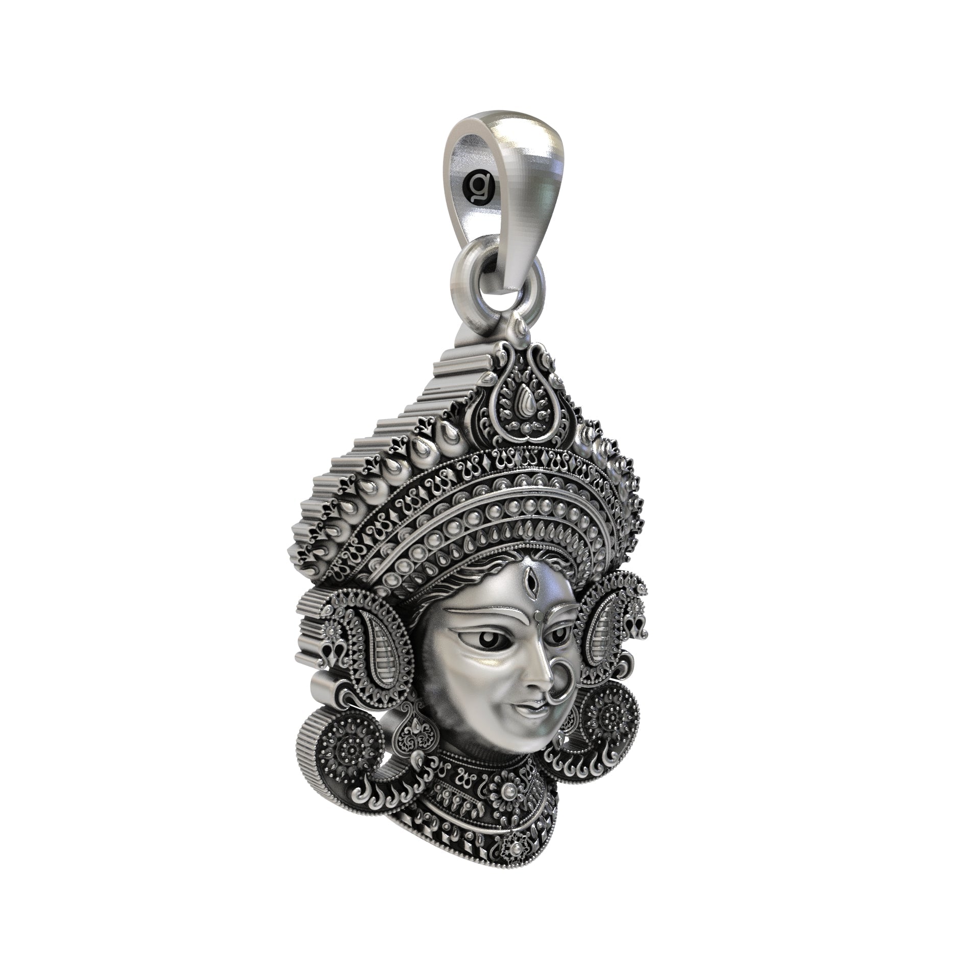 Close-up detail of the antique finish on the 925 Sterling Silver Durga Maa Face Pendant, showcasing its handcrafted texture.